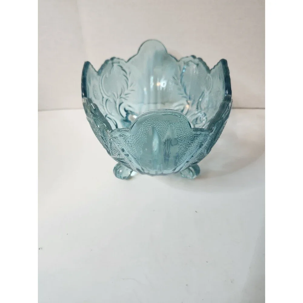 Vintage Glass Blue Center Table Bowl Footed Leaf Design